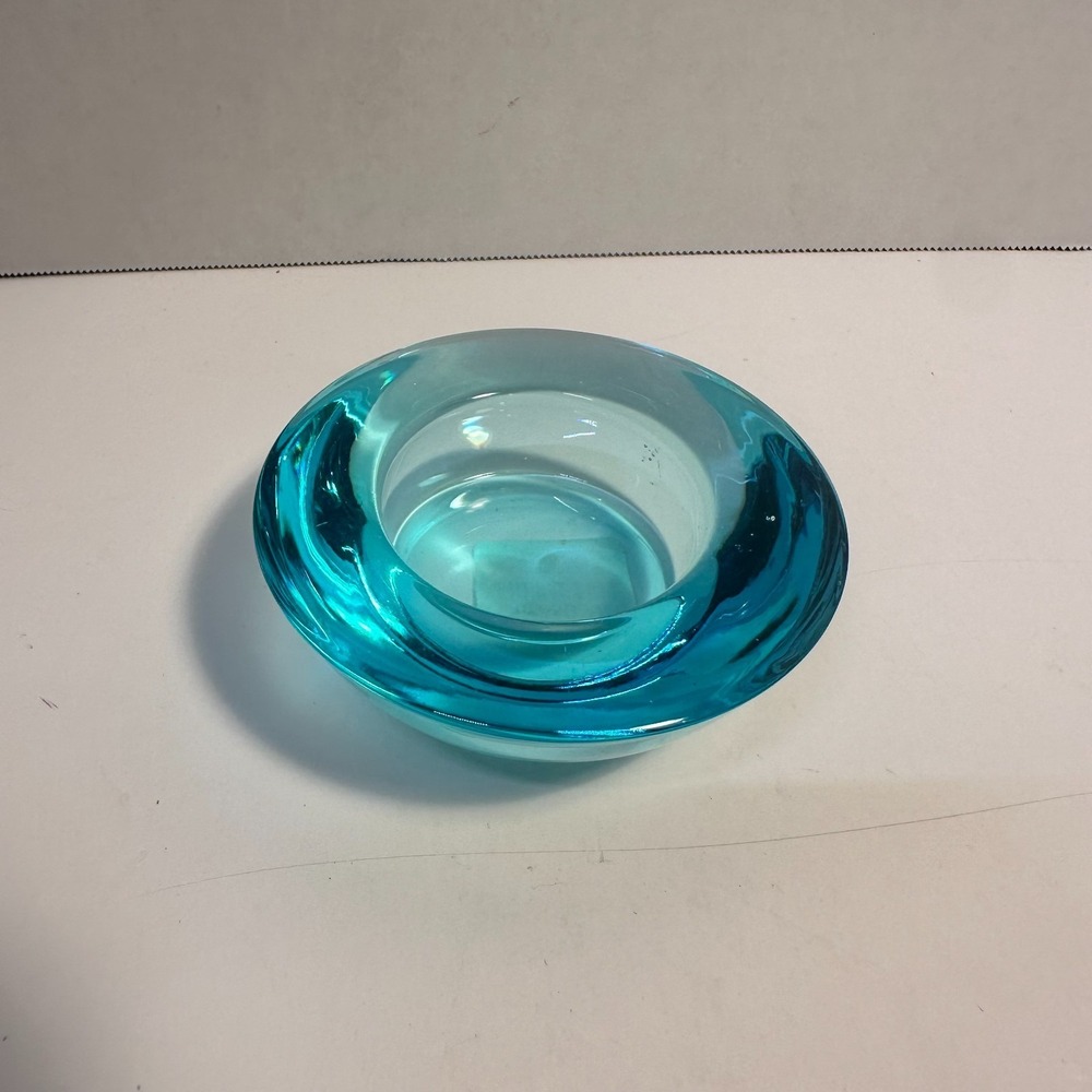 Crate & Barrel Blue Aqua Glass Tealight Candle Holder Heavy Round Votive 385-883